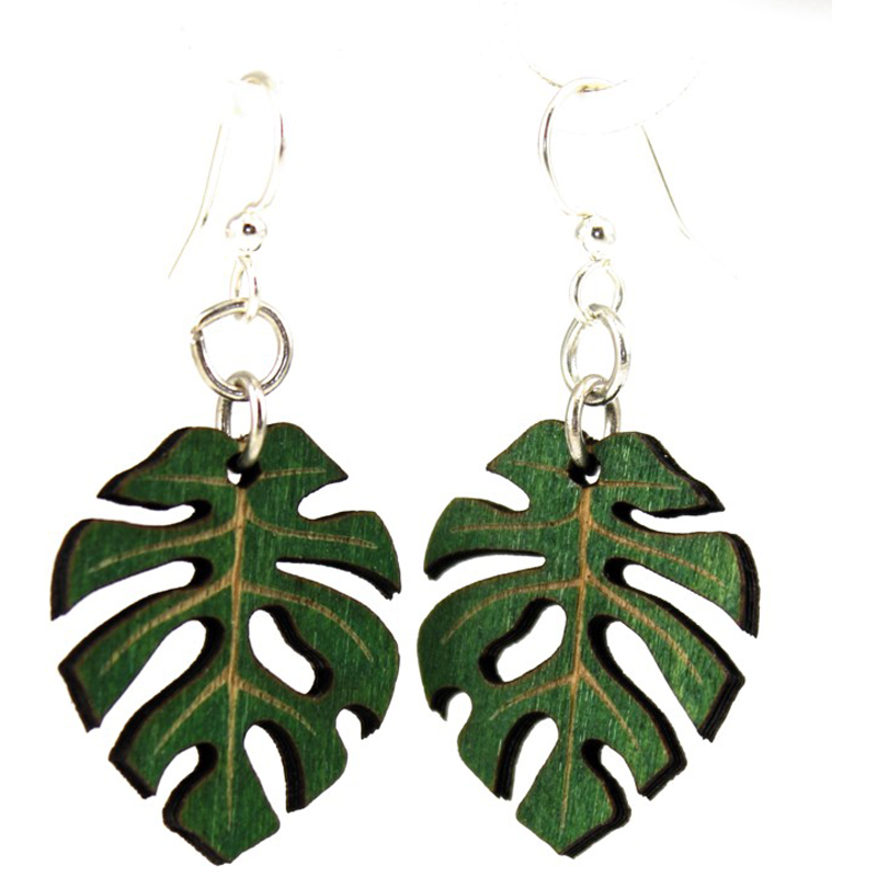 Split Philodendron Wooden Earrings Green Tree Jewelry EarthHero