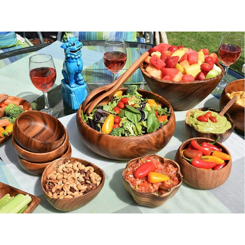 Round Acacia Wood Salad Bowl with Servers Shop EarthHero