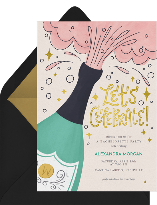Photo of a black and gold envelope with an invitation on the front of a champagne bottle graphic uncorked and pouring champagne.