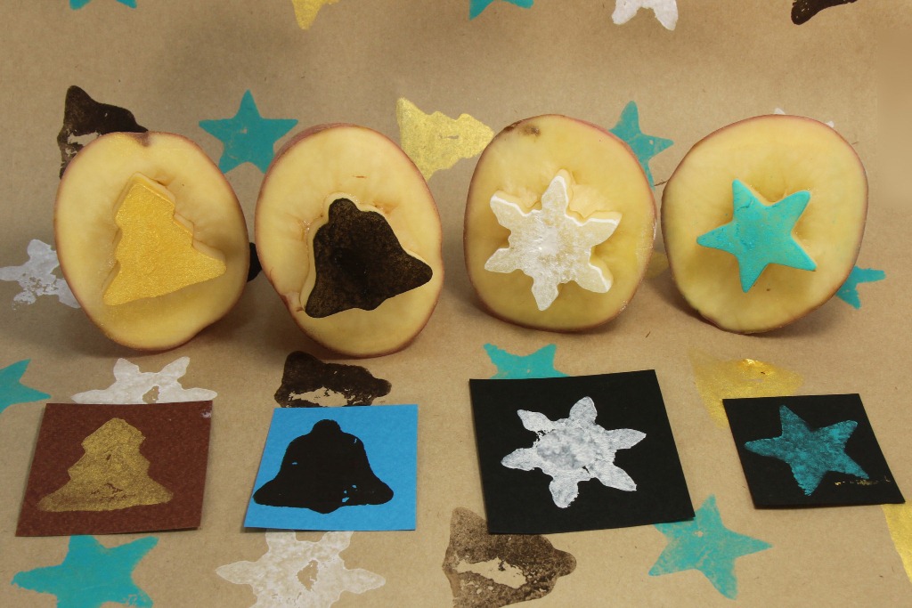 Natural Holiday Decorations | holiday potato stamps with paint